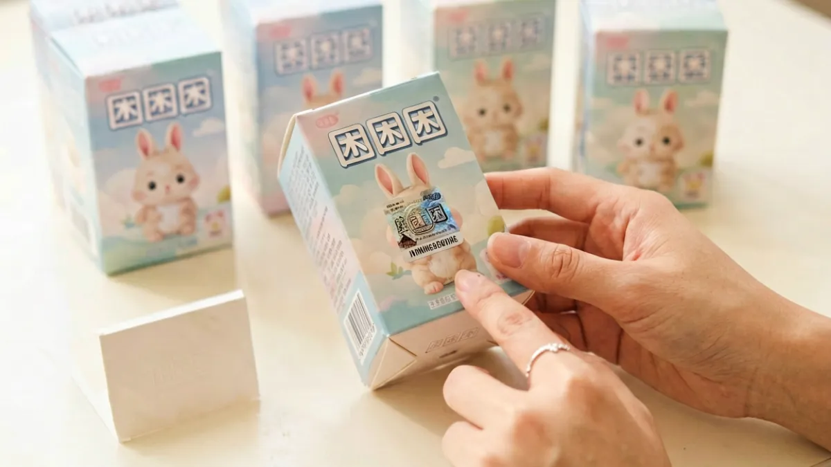困困兔正版盲盒摆在展示台上，玩家正在仔细对比包装细节与防伪贴纸