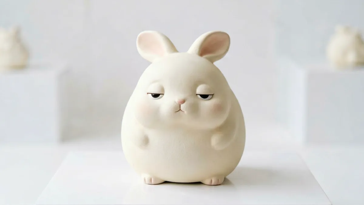 困困兔标志性形象展示：圆润的身体、半睁半闭的睡眼以及柔和的米白色毛茸茸外形，摆放在简洁的展示台上